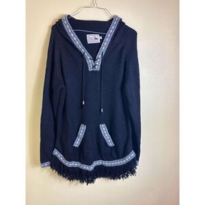 Alpaca‎ Wool Peru Hooded Pocket Fringe Pullover Size Large